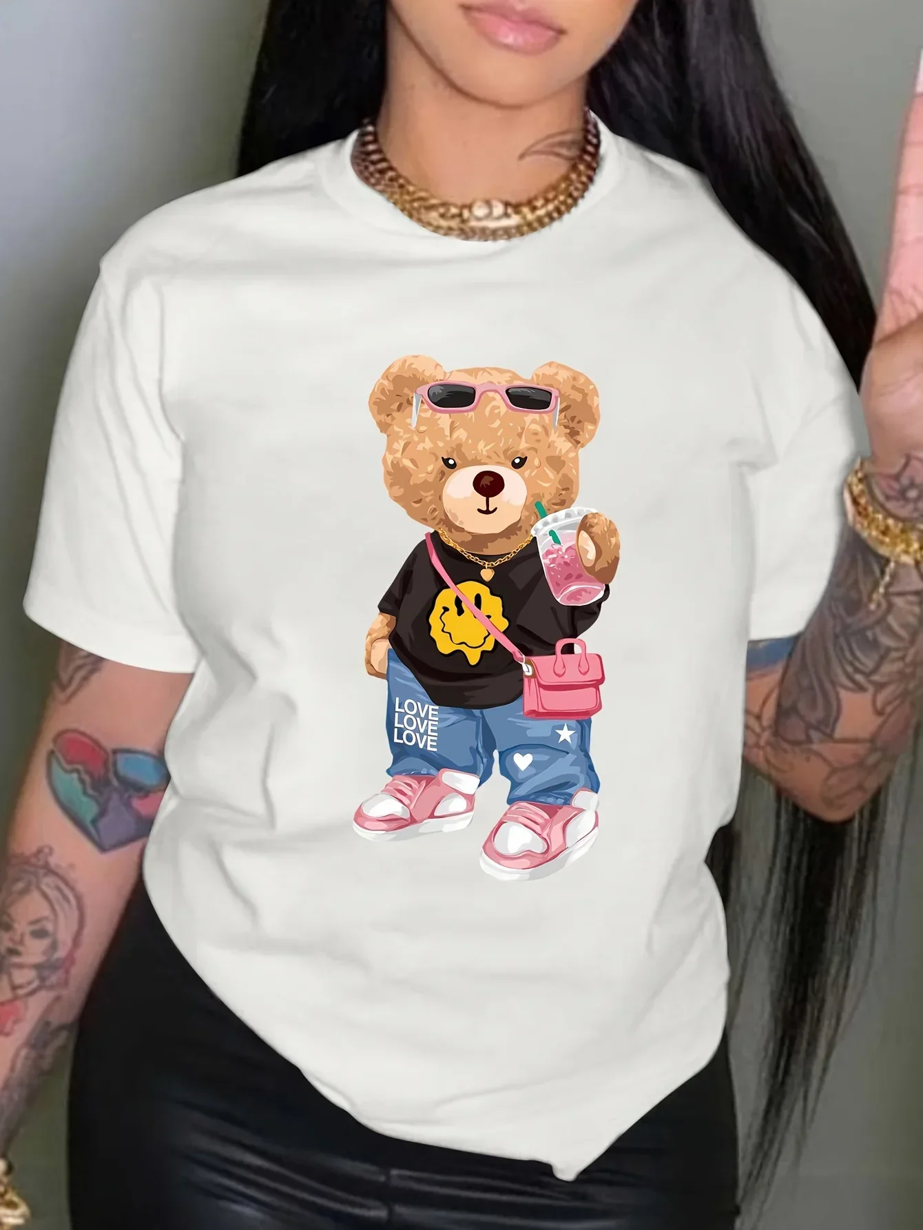 Cool Little Bear Print T-shirt Short Sleeve Crew Neck Casual Top for Summer & Spring Women\'s Clothing