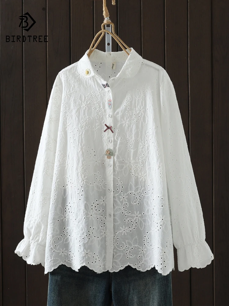 

New 2025 Autumn Cotton Long Sleeve Shirt, Women Turn-down Collar Embroidery, Mori Girl Age Reduction INS Loose Blouse T5N155CC