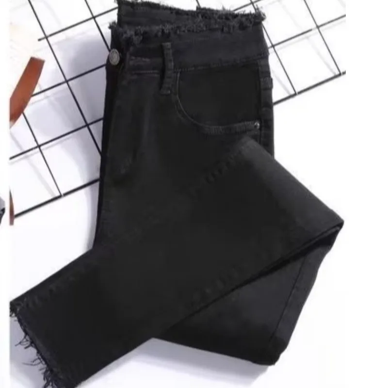 

High Waist Slim Fit Jeans Women's New Style Korean Version Washed Cotton Stretch Denim Nine Points Base Layer Pencil Long Pants