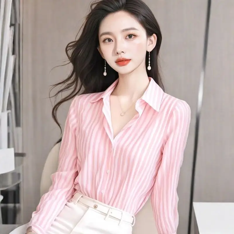 French High-end Striped Long Sleeved Shirt Women\'s Unique Temperament Top New Style