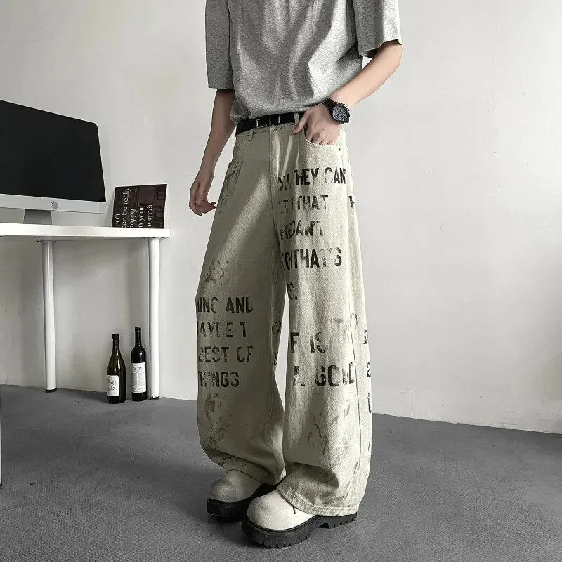 【Mirrordust】Autumn High Street Retro Distressed Slogan Letter Print Jeans Loose Wide-Leg Pants
