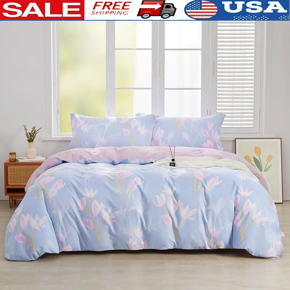 Floral Cotton Duvet Cover Set Full Size 3pcs Magnolia Blossom Printed Comforter Cover Soft Durable Machine Washable Bedding