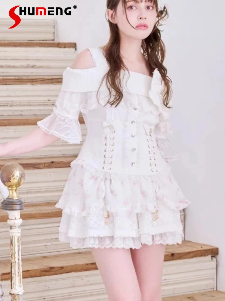 

Japanese Sweet Cute Girl's T Shirts Off-Shoulder Lace Flare Sleeve Bow Versatile Slim Lolita Short T-Shirts Tops Women Summer
