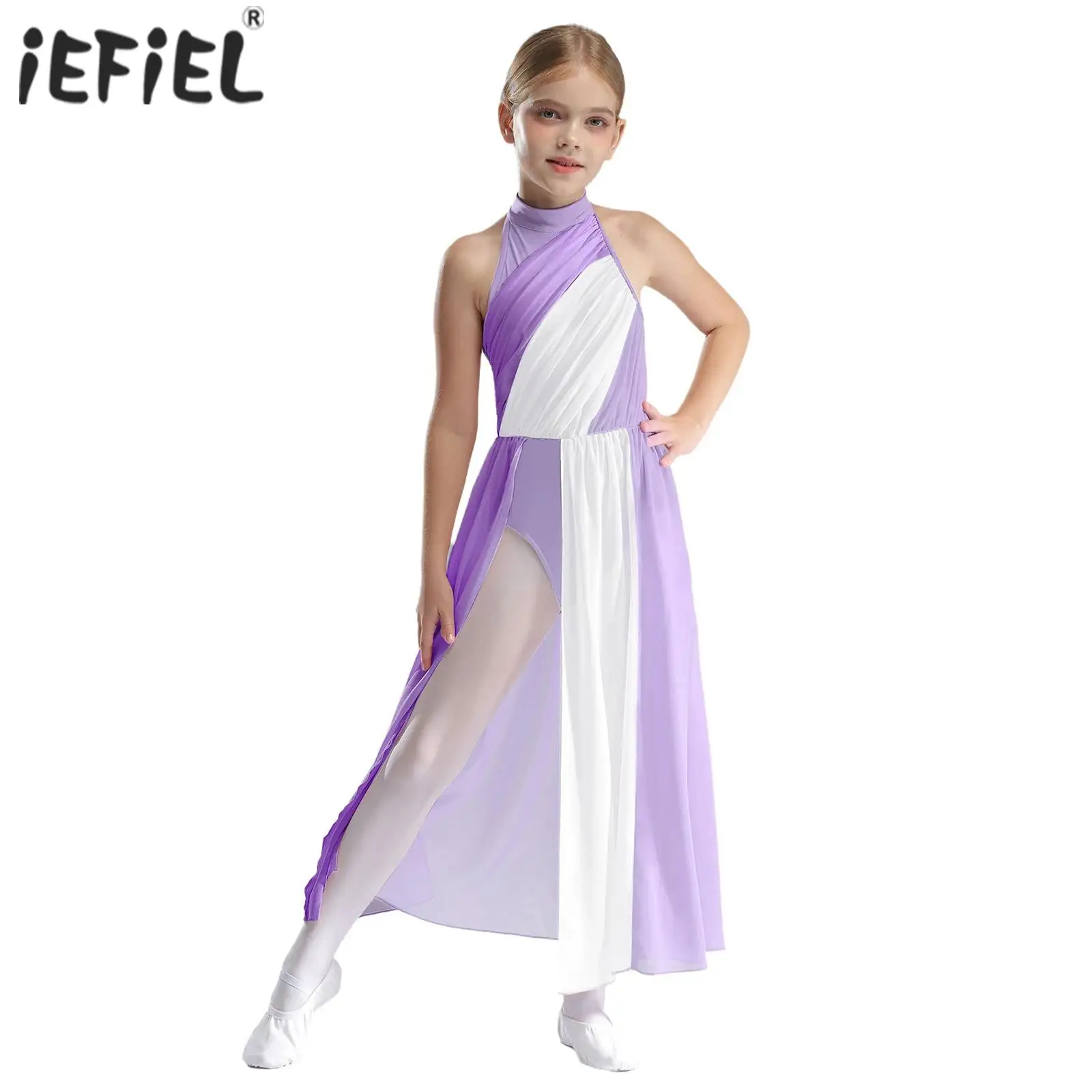 

Kids Girls Ballet Lyrical Dance Performance Costume Modern Dancewear Mock Neck Sleeveless Keyhole Back Chiffon Skirt Split Dress