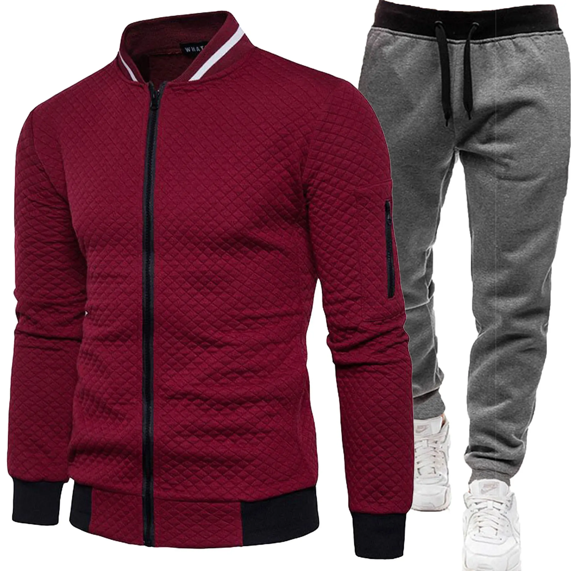 Herren Gesteppte Bomberjacke Trainingsanzug Herbst Winter Reißverschluss-Cardigan Sweatshirt Jogginghose Zweiteiliges Casual Sportbekleidungs-Set – Detail 16