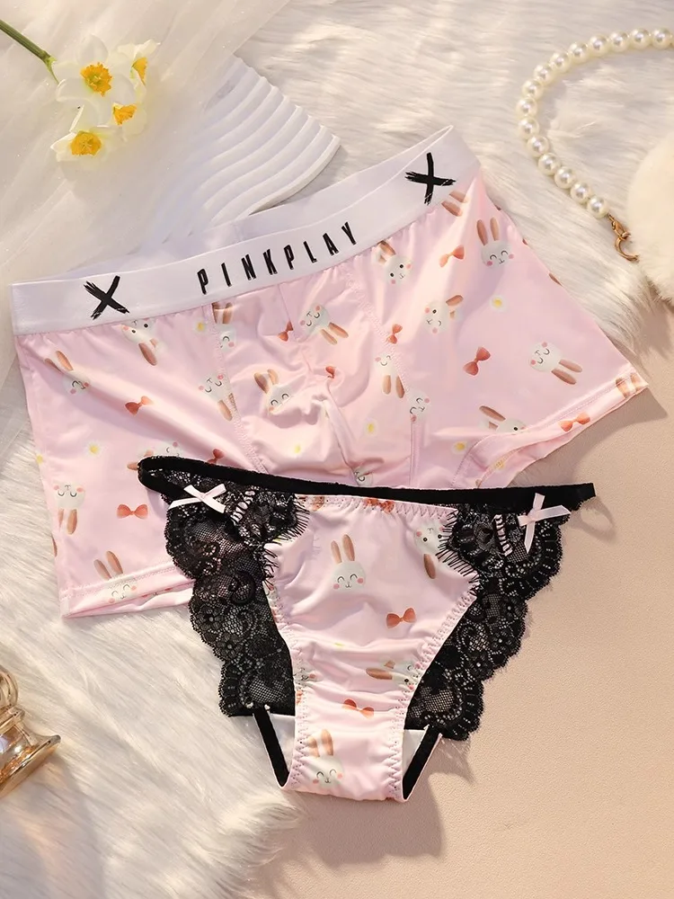 New Year Couple Matching Panties Sexy Lace Cute Bow Tie Rabbit Print Women Panties and Men Boxer Shorts Two Piece Sets Lingerie