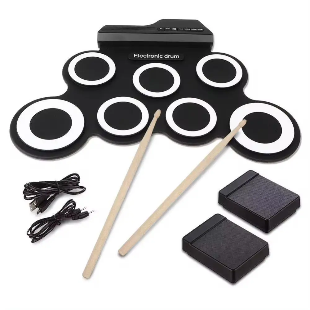 1 Box 7-Pads Electronic Drum Set with Sustain Pedal Hand Roll Portable Electronic Drum Digital USB for Beginner