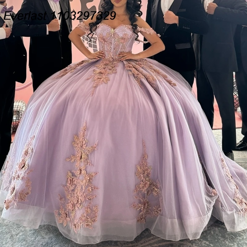 

EVLAST Glitter Lilac Quinceanera Dress Ball Gown Lace Applique Beading Off Shoulder Corset Sweet 16 Vestido De 15 Anos TQD375