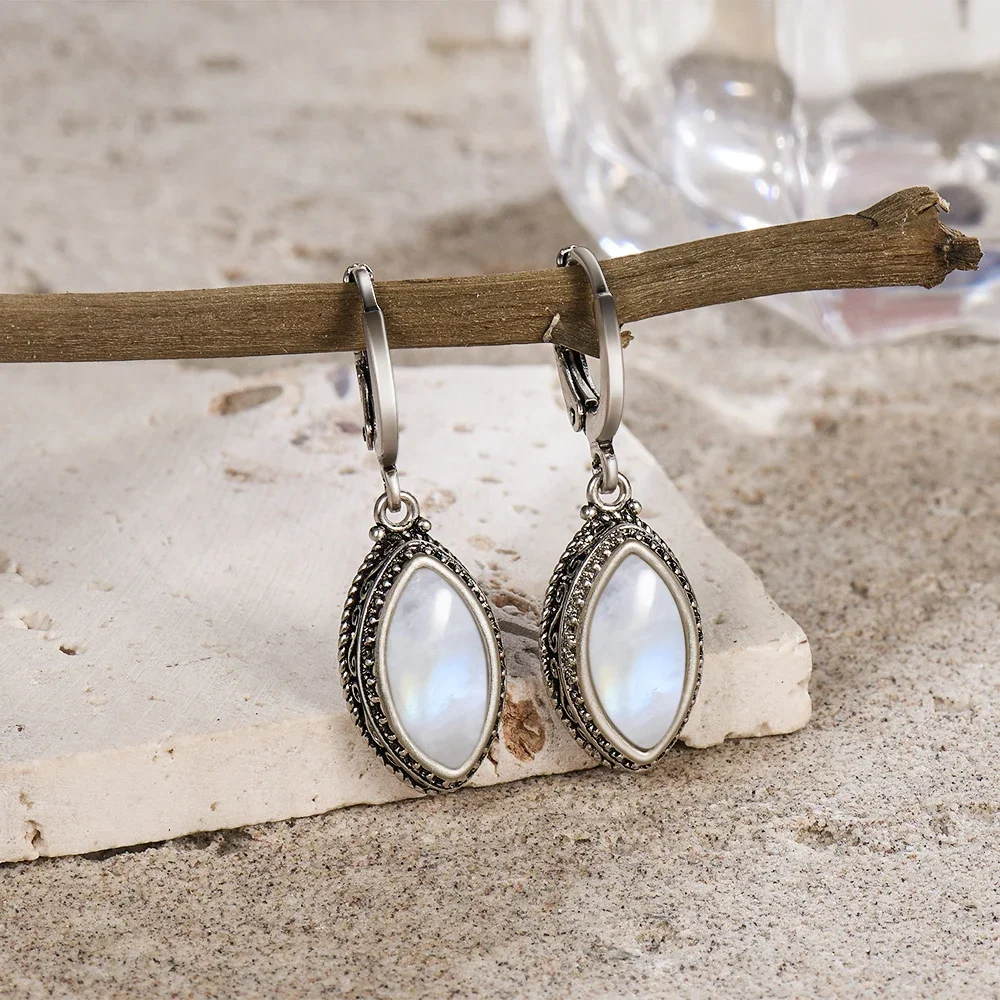 

Vintage 925 Sterling Silver Natural Moonstone 6*12mm Drop Earrings Retro Silver Eye Shape Black Onyx Fine Jewelry Gift For Women