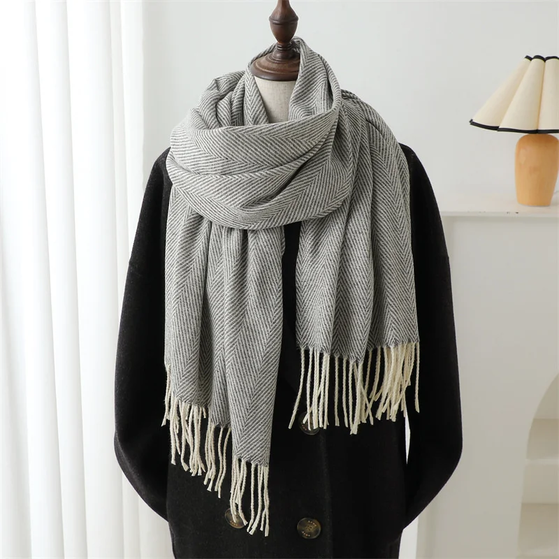 Stripe Designer Simple Winter Fashionable Warm Elongated Imitation Cashmere Scarf Tassel for Women Wrap Pashmina Shawl Outdoor