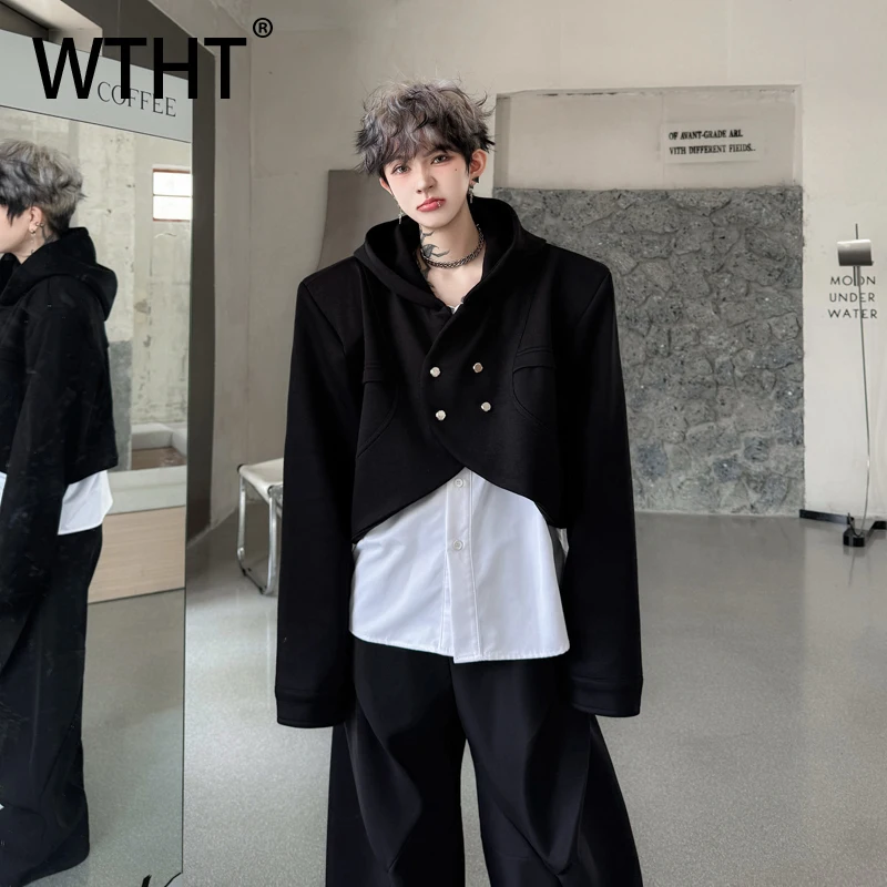 

WTHT Trendy Men's Spliced Fake Two-pieve Design Loose Coats Fashion 2025 Autumn Contrast Color Hooded Jackets Male 2A1726