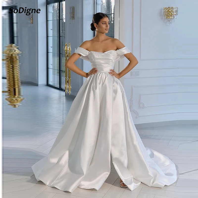 

SoDigne A-line Satin Bride Dresses Off Shoulder Appliques Wedding Dress Split Long Bridal Gowns Robe De Mairee Customized