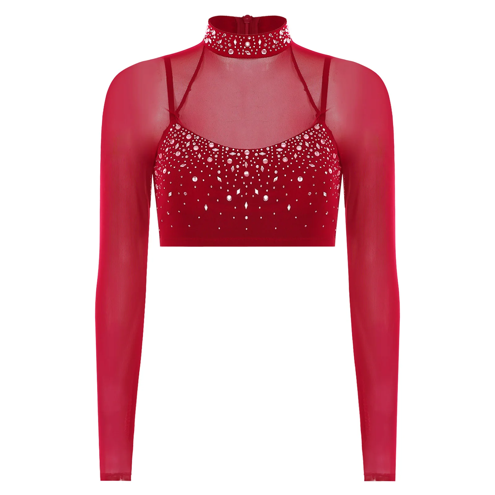 Top corto da danza moderna con strass scintillanti da donna Camicie Top a maniche lunghe patchwork in rete Abbigliamento da ballo per tango latino Rumba Dance