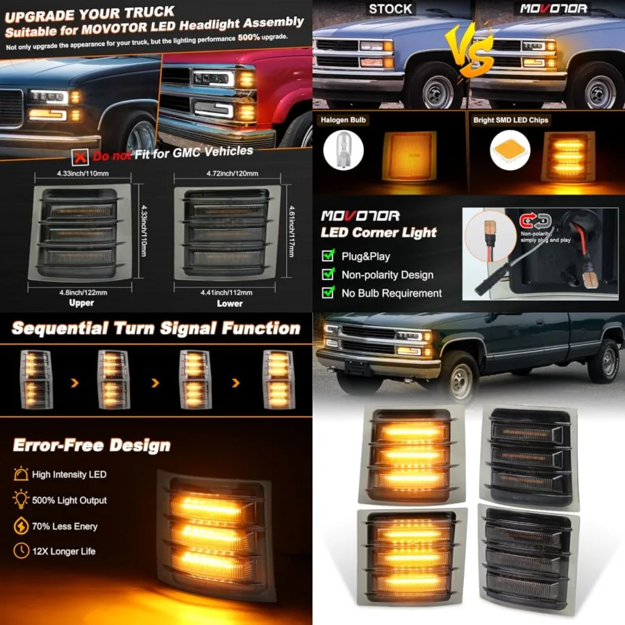 

LED Side Marker Lights with Sequential Turn Signal Side Corner Lights Smoked Lens Compatible with 1994-1998 Chevy C/K 1500 2500