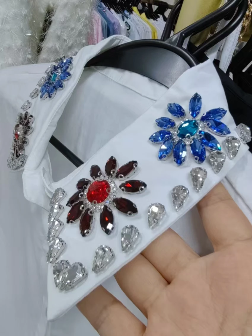 Handmade Embroidery Sparkle Diamonds Collar Shirts and Blouses for Women's Matching Autumn WinterSweater or Coat