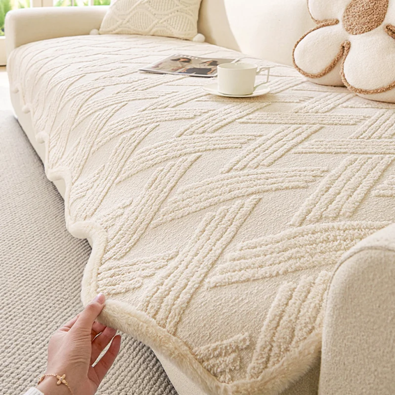 Modern Striped Jacquard Irregular Sofa Cushion Solid Fine Velvet Easy-Care Couch Slipcover Comfort Anti-Stain Home Accessories