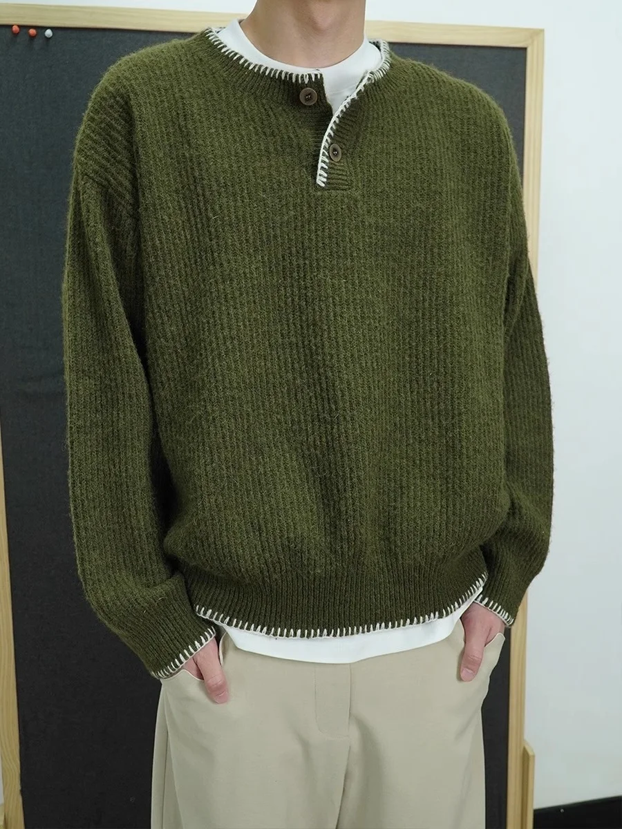 

Мужской вязаный свитер свободного кроя с воротником-стойкой, винтажный, в стиле лоу-эйр, американский, осенне-зимний, повседневный, длинный, с высоким воротом