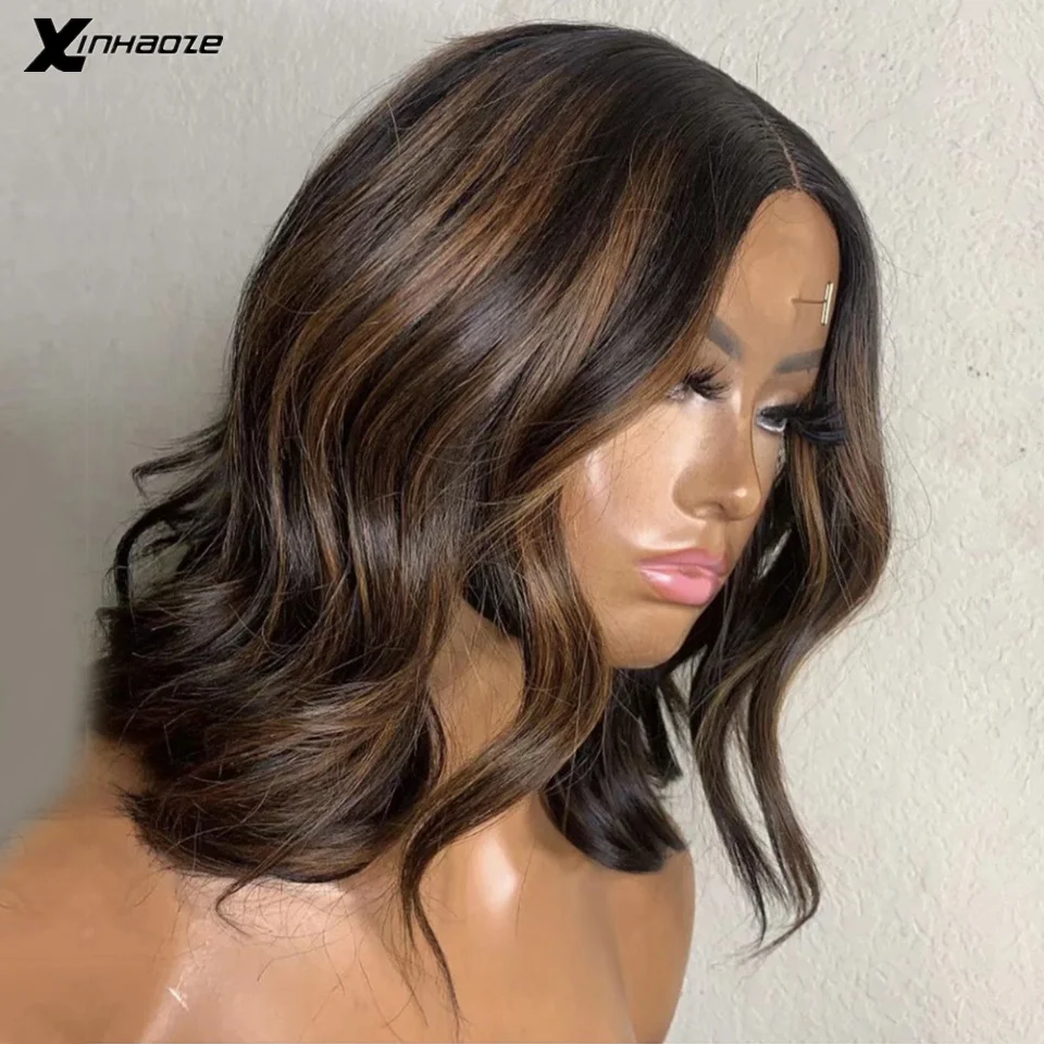 Dark Brown Highlights 5x5 Silk Top Transparent Lace Body Wave Malaysian Short Wave Human Hair Wig Pre Plucked For Black Women