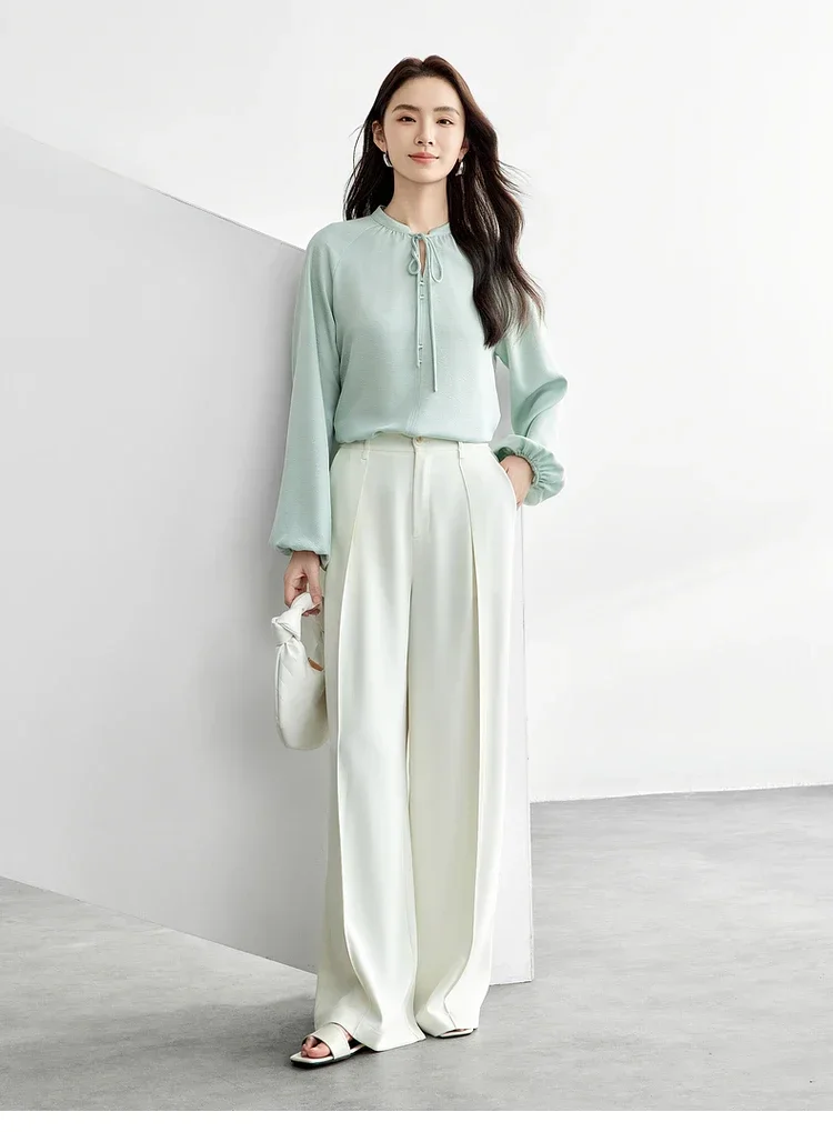 SENTUBILA Elegant Lace-up Blouses Women Spring 2025 French Style Loose Fit Chiffon Lantern Sleeve Stand Neck Pullovers 151V58147