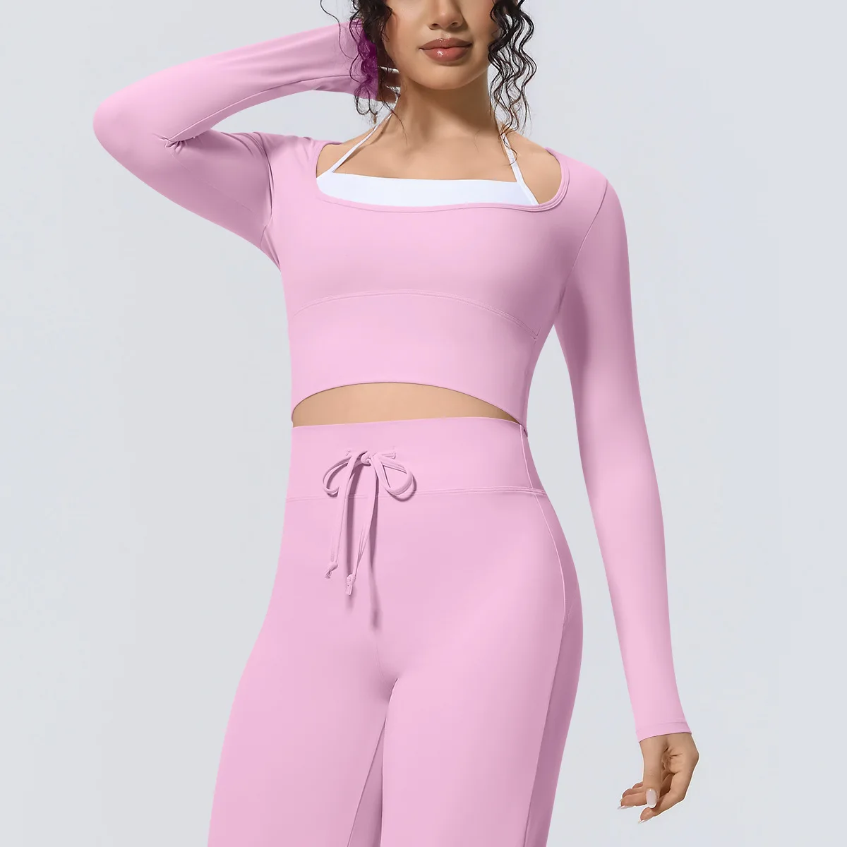 Women Square Neck Long Sleeve Crop Yoga Top Slim Athletic Shirt Fitness Running Workout Gym Sport Training Stretch Breathable