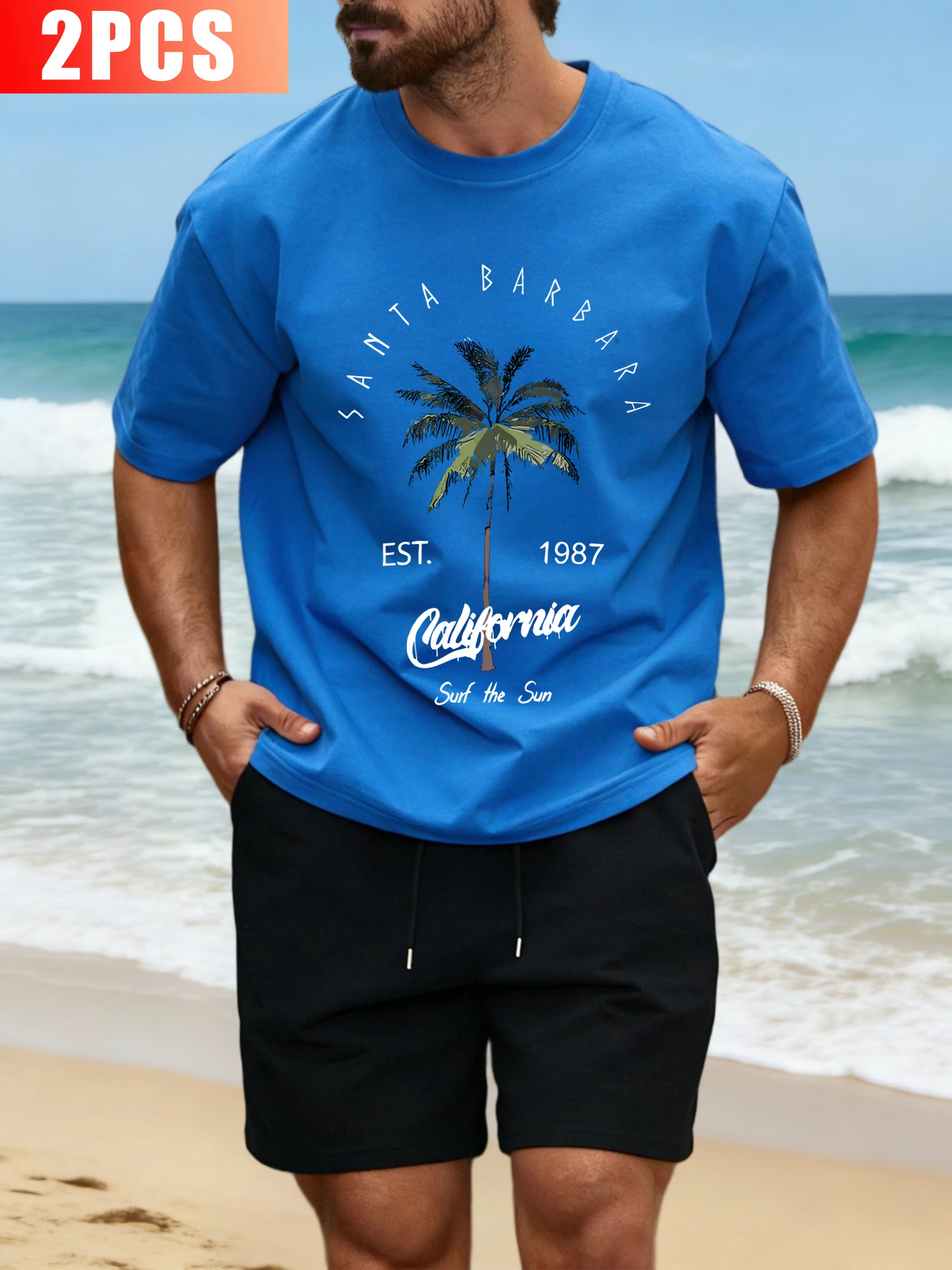 

Santa Barbara Coconut Trees, California Man Sportset Cotton O-Neck Summer Clothing Loose Fashion Drawstring Shorts Male Soft Tee