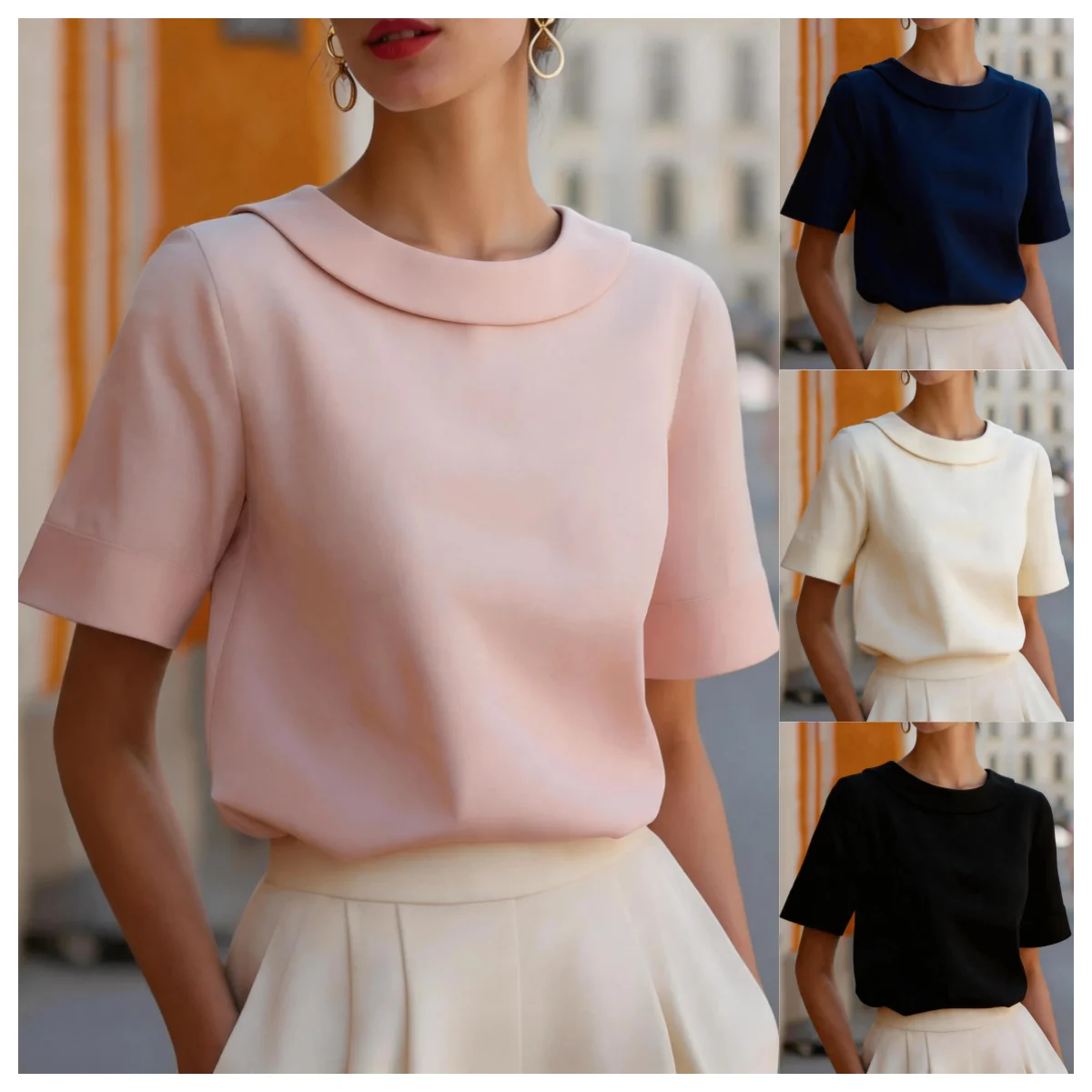 Elegante Kurzarmbluse mit abgerundetem Kragen und strukturierter Passform für Damen im Büro oder für formelle Anlässe. – Detail 2