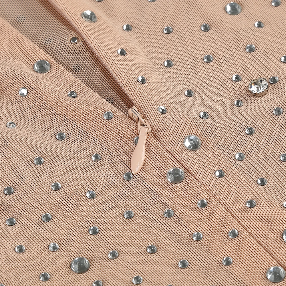 Robe longue en maille nue et cristal – Robe moulante transparente à manches longues pour soirée cocktail et fête d'anniversaire