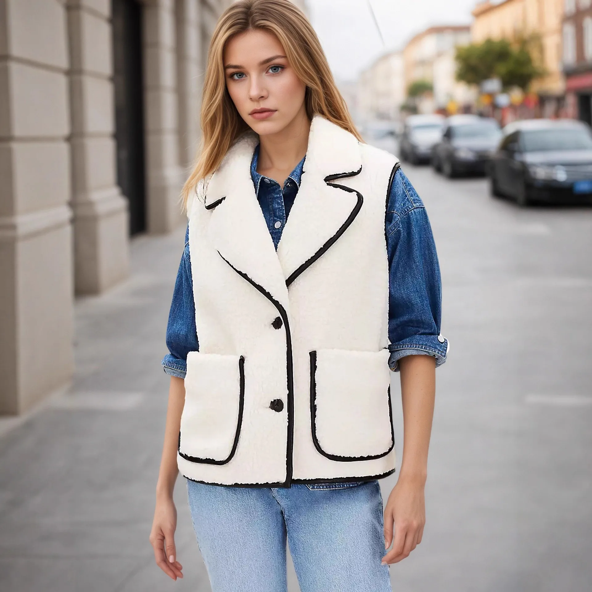 Turn Down Collar Loose Fit Vest Short Length Japanese Korean Casual Women Vest with Pocket Detail Buttonless Front Sleeveless