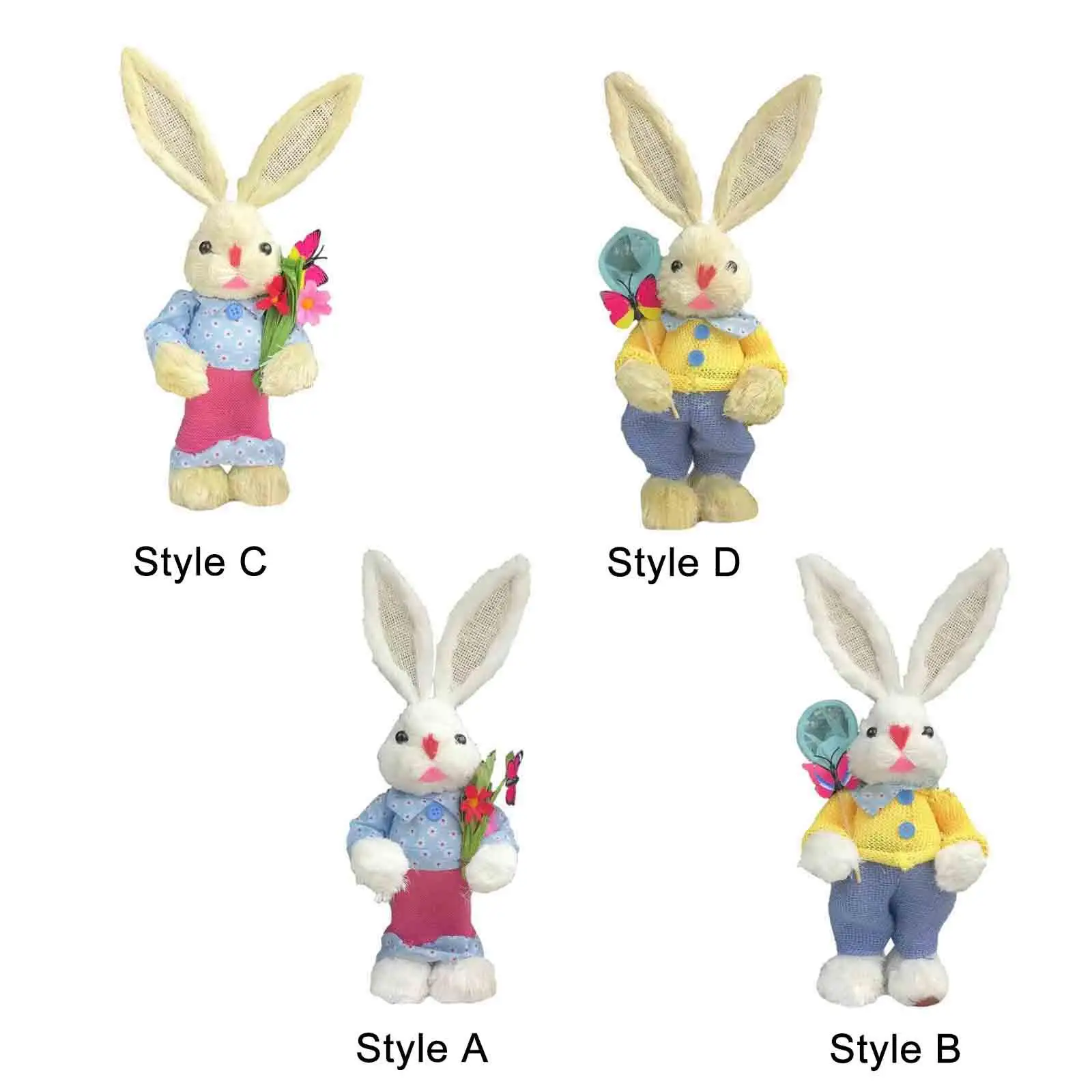 Easter Straw Bunny Rabbits Tabletop Statue Artificial Animal Sculpture Animal Figurines for Farmhouse Desktop Easter Home Decor