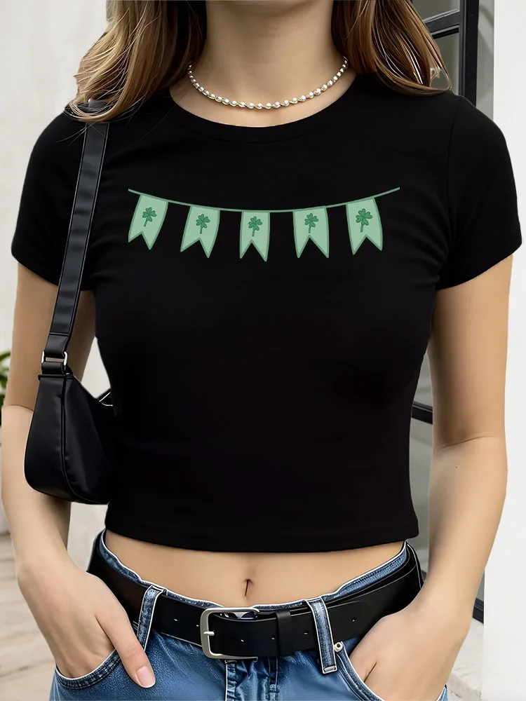 

St. Patrick's Banner Women's Graphic Crop Top Black Short Sleeve Slim Fit T-Shirt Basic Summer Top