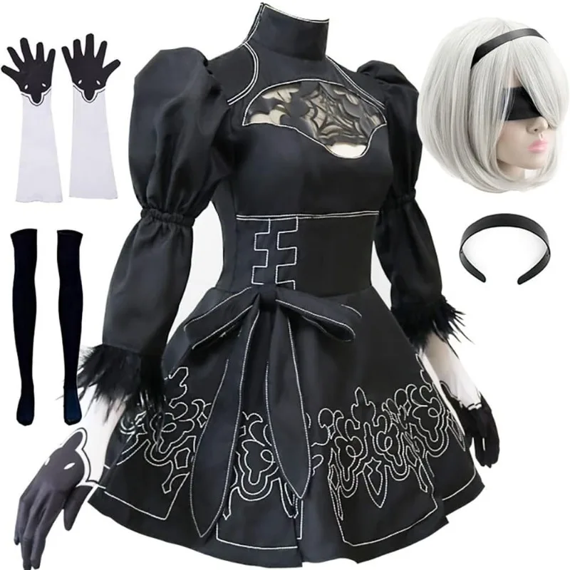 

2B Costume YoRHa Game Cosplay Black Dress Gothic Retro Clothes with Wig Full Set Role Play Outfit for Women Theme Party