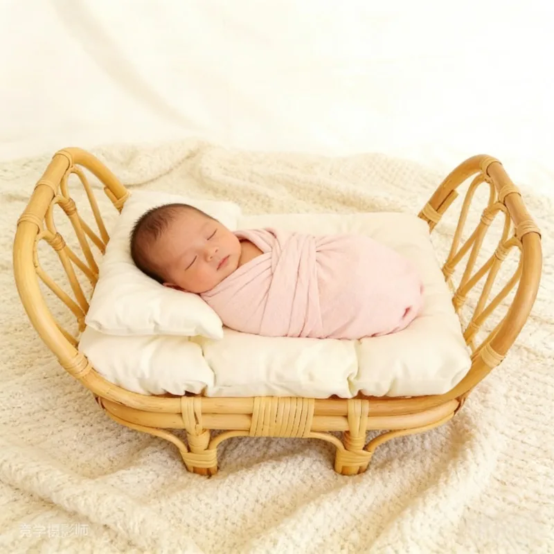 

1pc Vintage Handmade Newborn Photography Basket Baby Doll Bed Props for Boys & Girls Studio Photo Shoot Portrait Session Tool