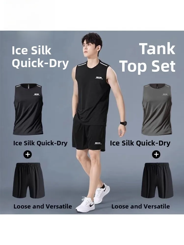 

Qui Dry Ice Silk Sports Vest orts Set for Men Running Fitn Summer No Sve T-irt Baskeall orm Youth Polyester