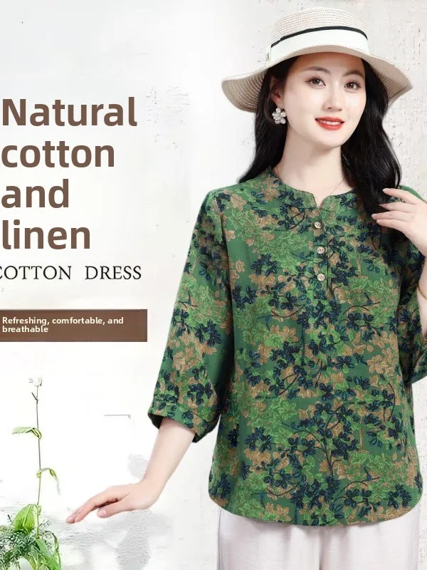 

Loose Cotton Linen 3/4 Sleeve T-Shirt for Middle-Aged And Elderly Women Breathable Printed Slimming Ethnic Style Top