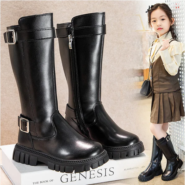 Winter Children's Boots Black School Girls Long High Boots Fashion Causal Warm Kids Cotton Boots Thick Bottom Mid-Calf Versatile