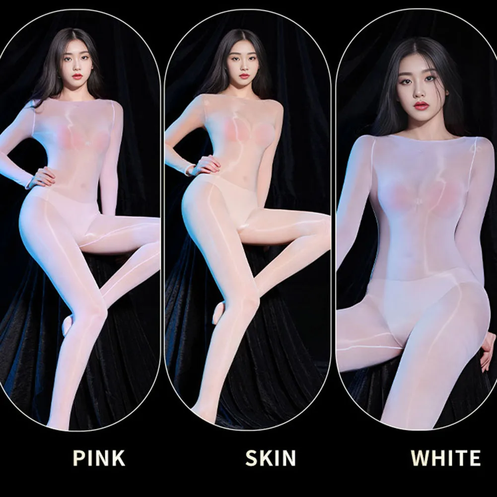 Women\'s Seamless Sexy Lingerie Oil Shiny Jumpsuit Stocking Sheer Ultra-Thin Silky Unisex Bodysuit Full Body Leotard Underwear