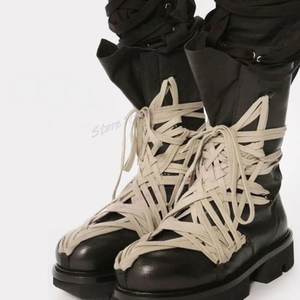 Botas de punta redonda atadas en cruz para hombre, zapatos de tacón grueso de cuero mate, cómodos de lujo para pasarela, nuevo estilo, talla grande