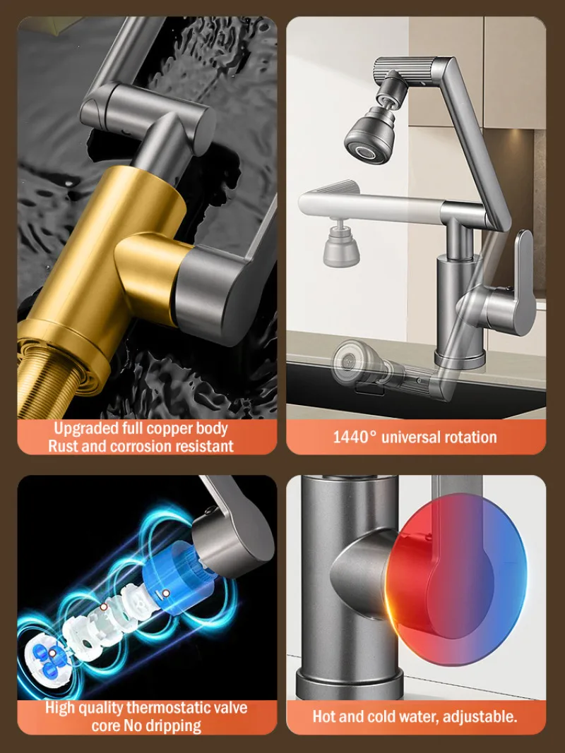 Mechanical Arm Universal Faucet Kitchen Splashproof 1080°Swivel Faucet Bathroom Foldable And Retractable Faucet Accessories