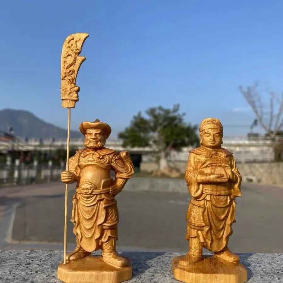 Exquisitely Carved Wood Statues of Guan Yu's Bodyguards Zhou Cang and Guan Ping Home Decor for Living Rooms