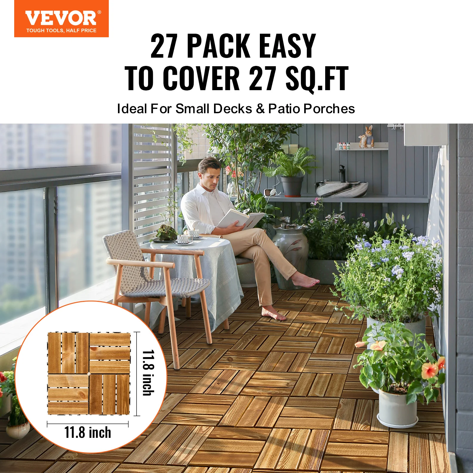 VEVOR Terrassenfliesen, 27er-Set, Balkonfliesen 30 x 30 cm, wasserdichter Bodenbelag aus Torfkieferholz, Holzfliesen Terrassenbodenbelag für Veranda, Poolrand, Balkon, Hinterhof (Holzoptik)