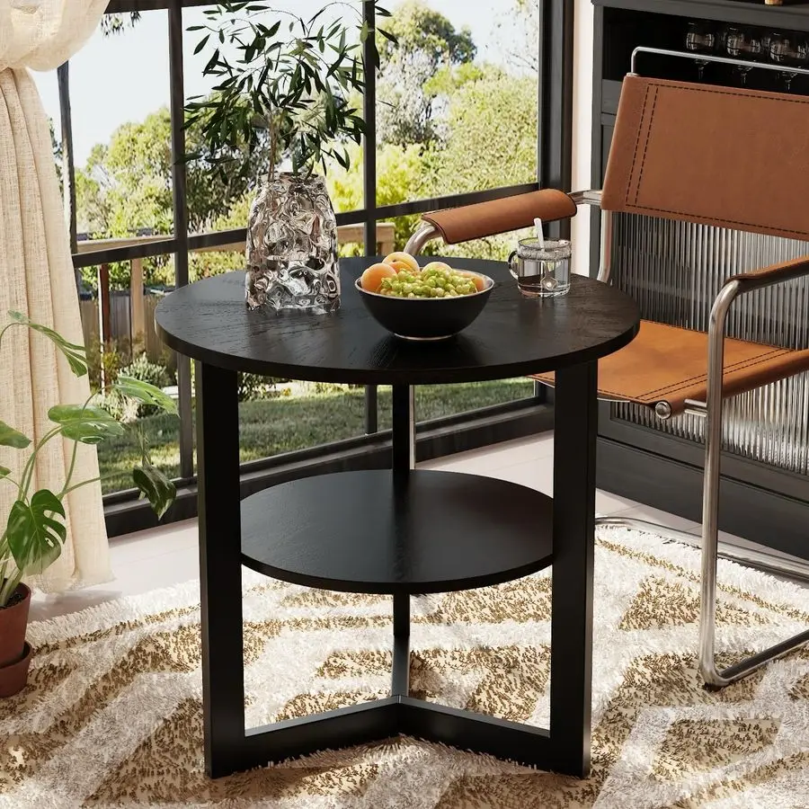 

Large Round End Table with Storage Shelf, Rustic Circular Sofa Side Black Metal Legs, Solid Wood Nightstand, Telephone for Livin