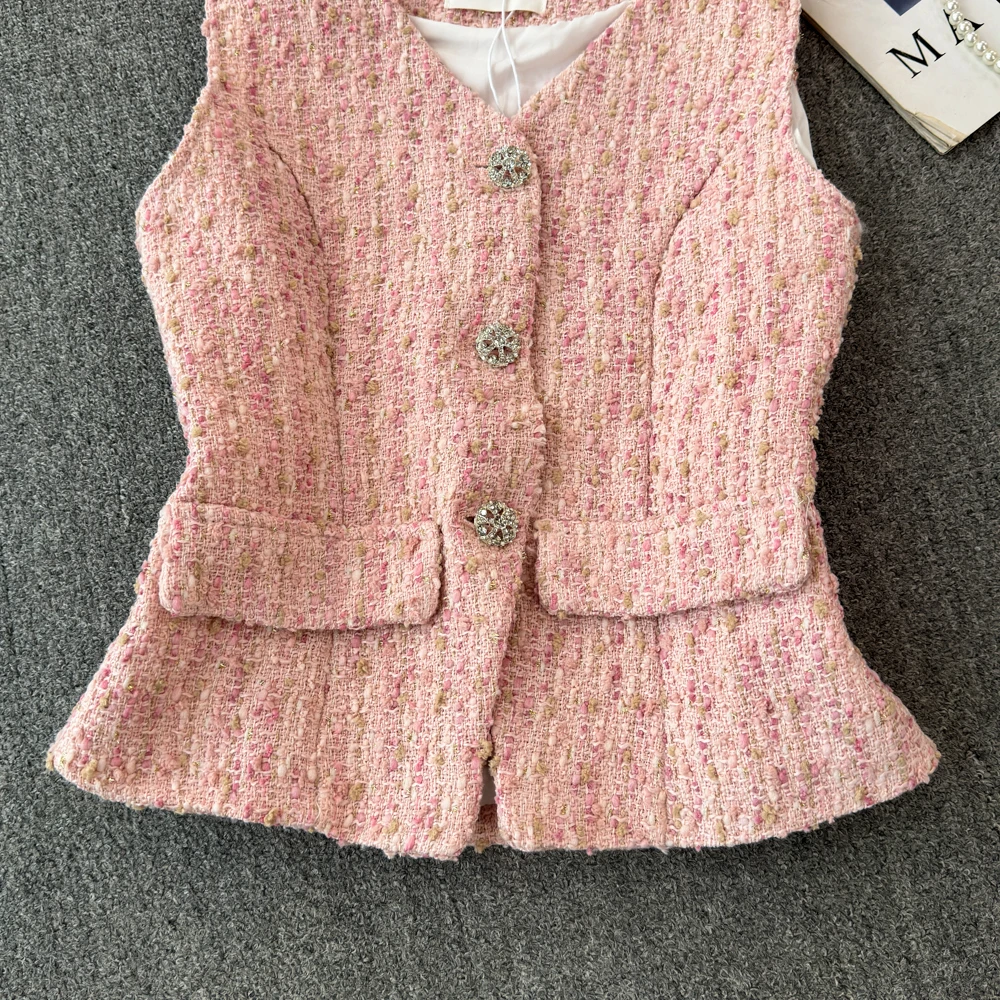 Gilet senza maniche elegante con temperamento intrecciato da donna estivo con scollo a v profumato rosa