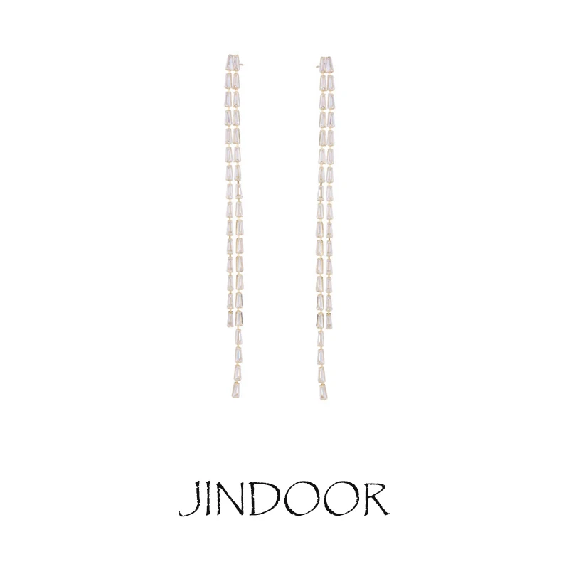 JINDOOR Elegant Long Tassel Earrings with Fairy Pink Zirconia Stunning Drop Earrings for Women, Pink，Green,White