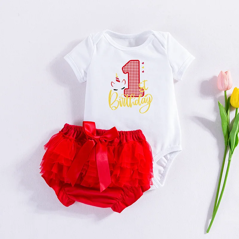 

23New Year Baby Clothes Summer Short Sleeve Romper Dress Double-Sided Sand Bottom Pants Dress Set for Baby Girl First Birthday F