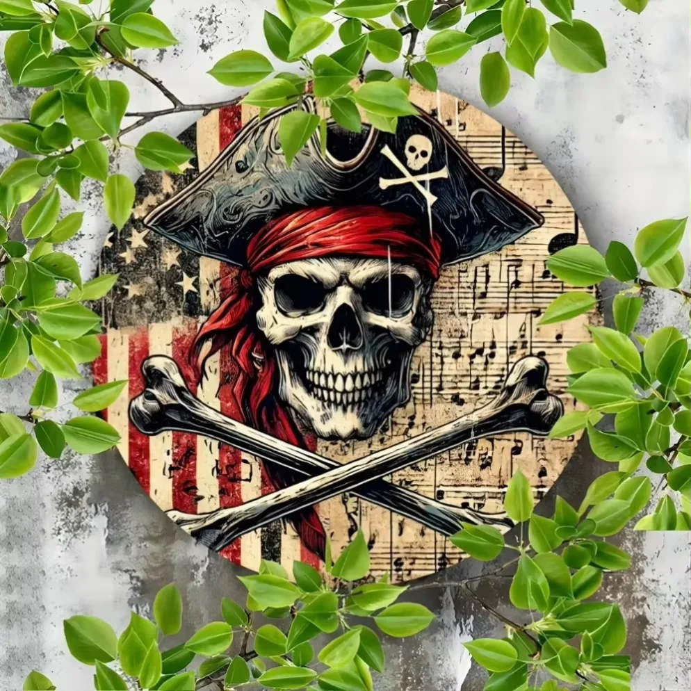 "'Pirate Skull" قطعة واحدة من لافتة القصدير المعدنية المستديرة - ديكور فني جداري للحانات والمطابخ