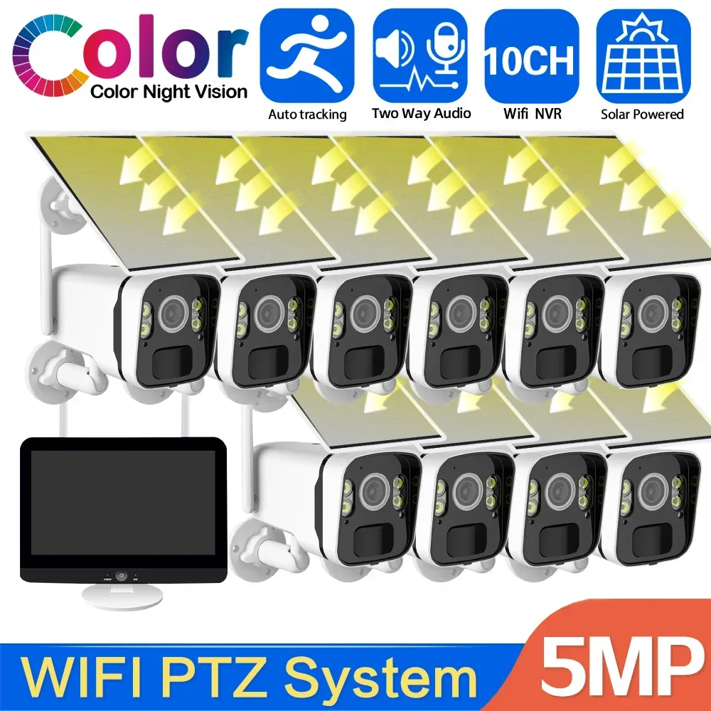 

5MP Solar Wireless Security Surveillance Camera Kit 12.5 Inch LCD Monitor NVR System 10CH Wifi CCTV Bullet Camera System Set