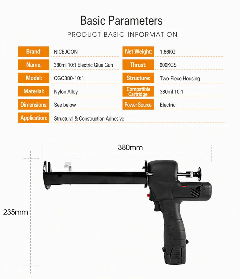 380ml 10:1 Electric Glue Gun Cordless Caulking Gun with 600KGS High Thrust for Structural Construction Adhesive