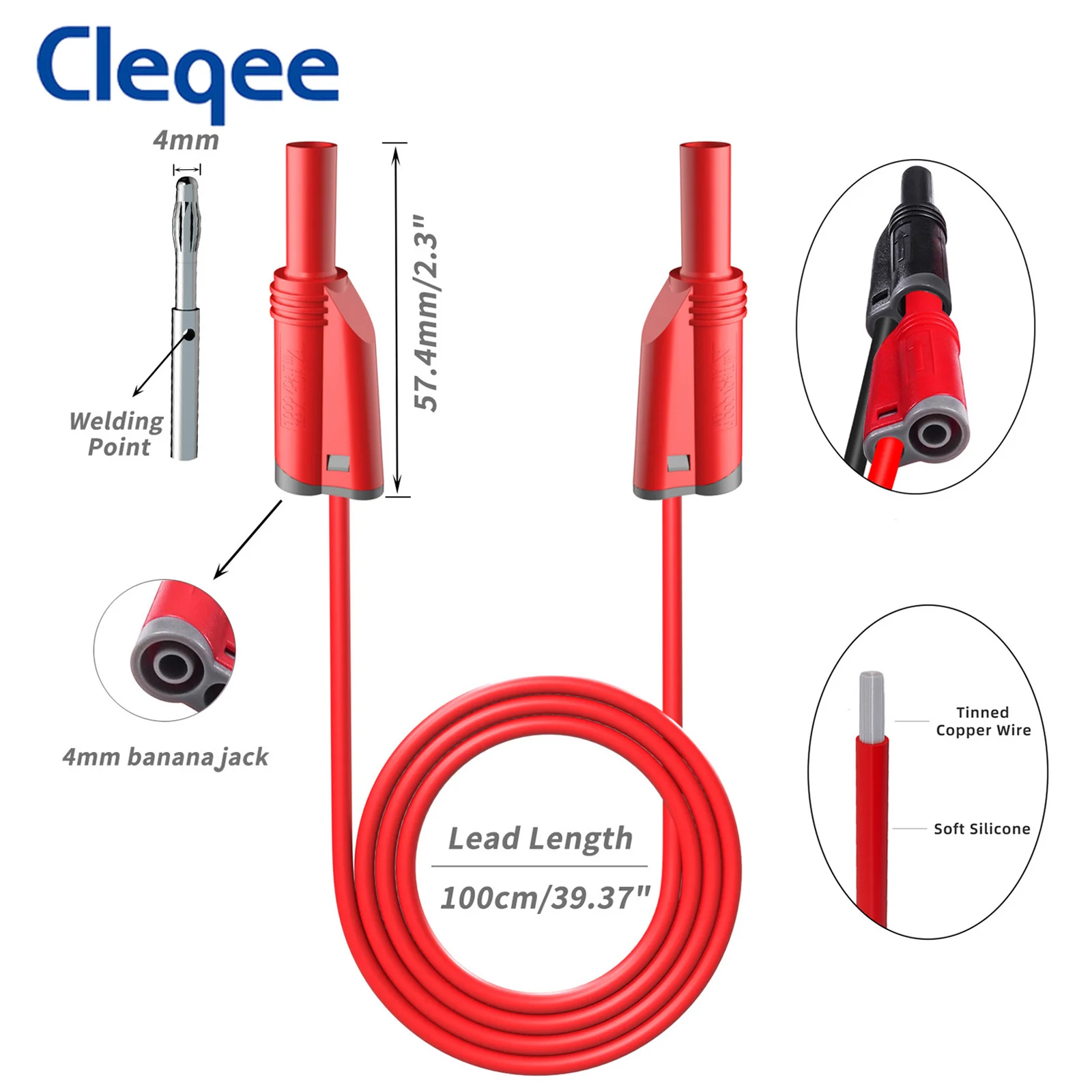 Cleqee P1050-1 Multimater Silicone Test Lead 4mm Banana Plug Soft Cable Safe Stackable Male Plug 1M Wire