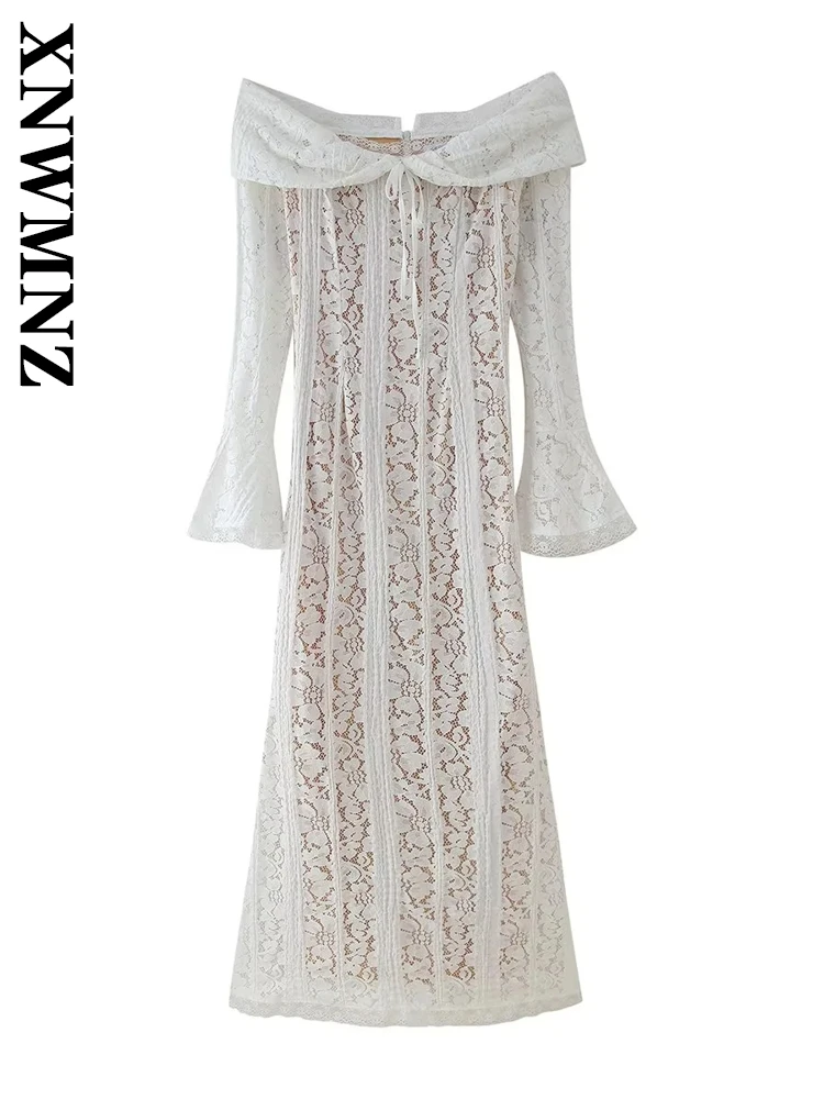 

XNWMNZ 2025 Summer New Lady Evening Party slash neck Collar Dress Maxi Skirt Casual Woman's Long Sleeve Top zipper Lace Dresses