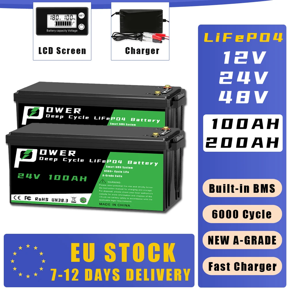 12V 24V 48V 100AH 200AH LiFePo4-Akku 6000+ Zyklen Batterien mit BMS für Solarspeicher Energiesystem